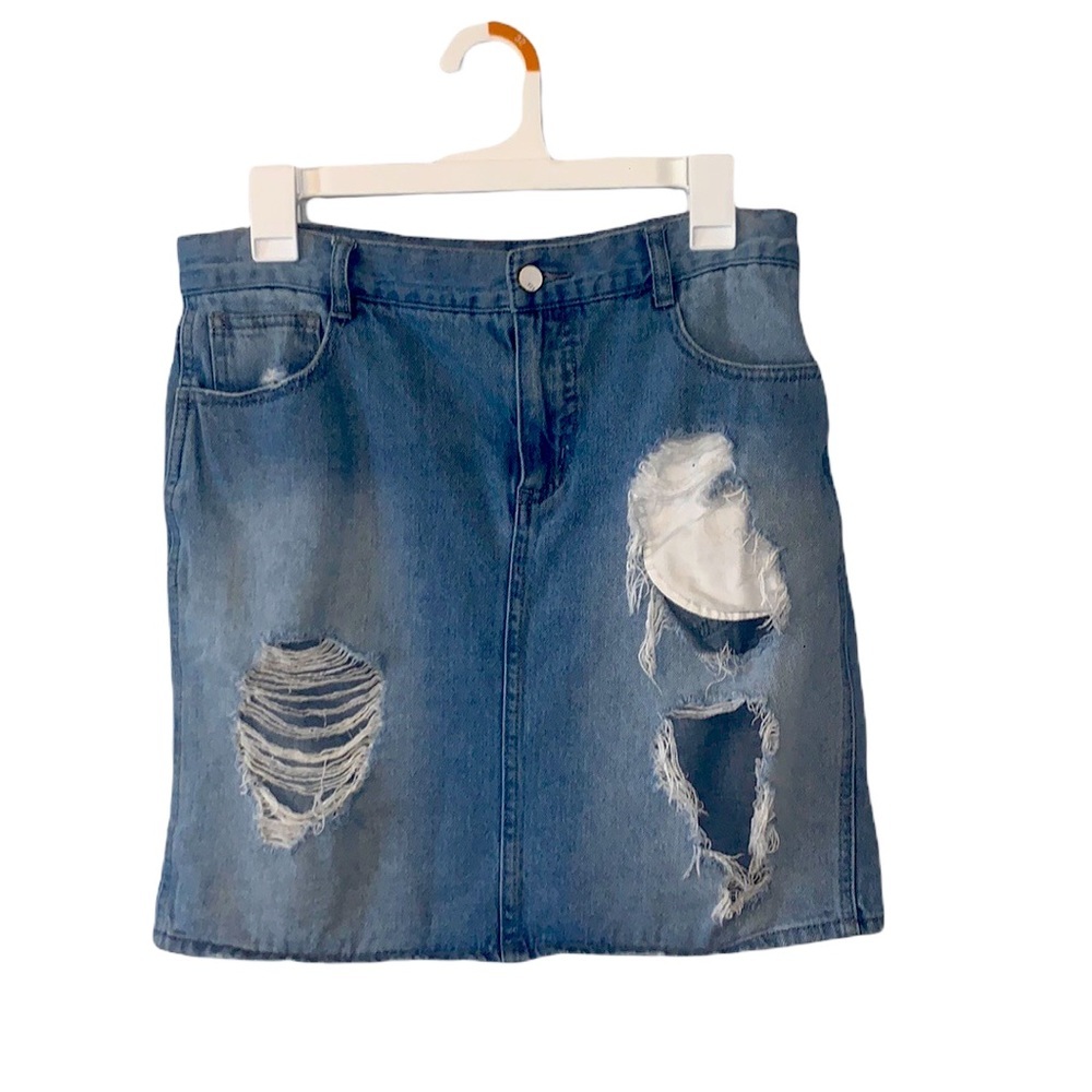 Forever 21 Extreme Distressed Light Blue Denim Skirt size 28